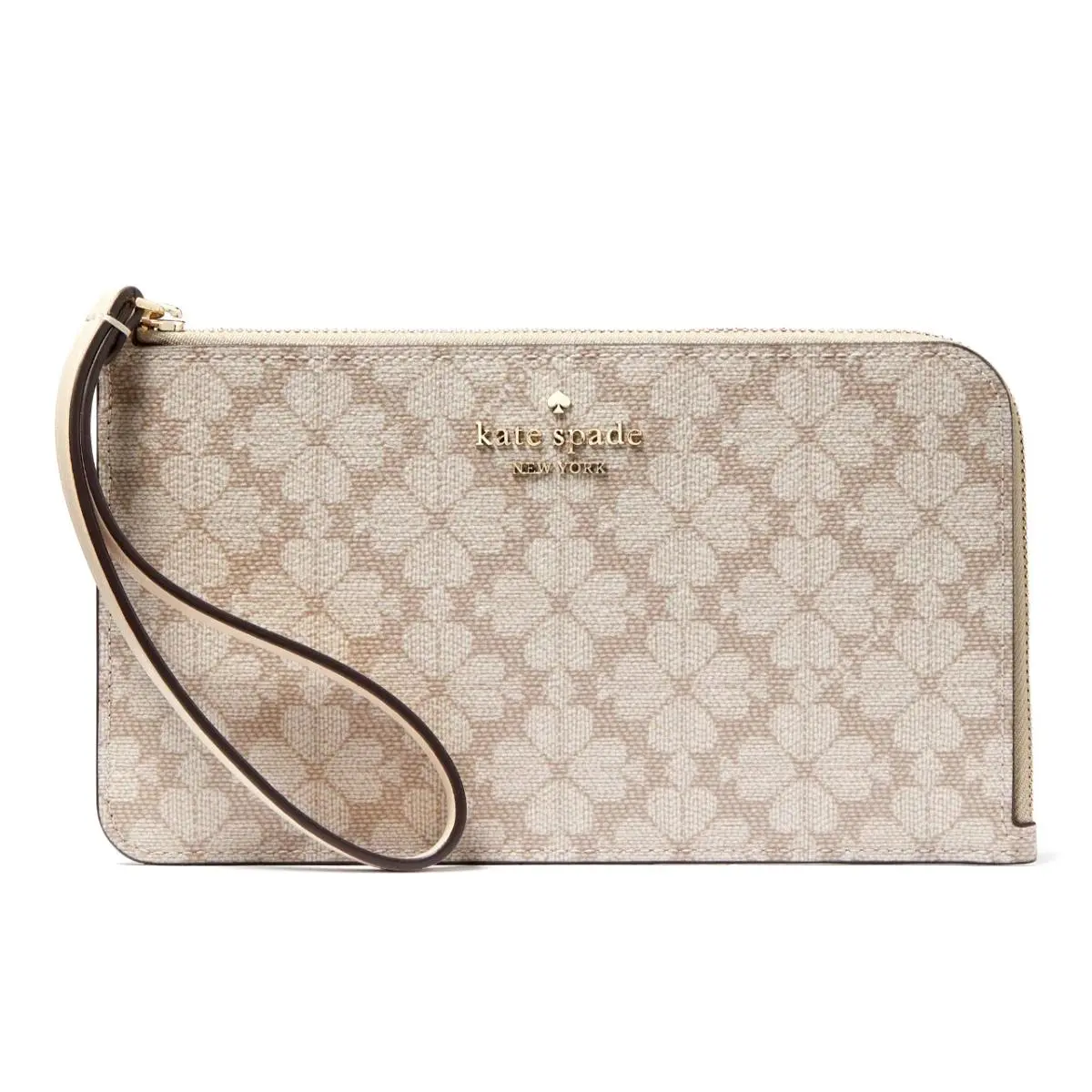 New Kate Spade Lucy Spade Flower Medium L-zip Wristlet Dark Beige Multi