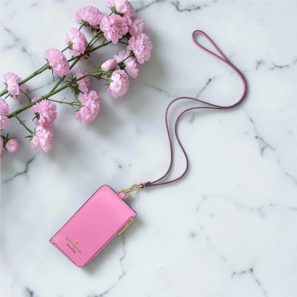 Kate Spade Madison Card Case Leather Lanyard in Surf Pink KC573