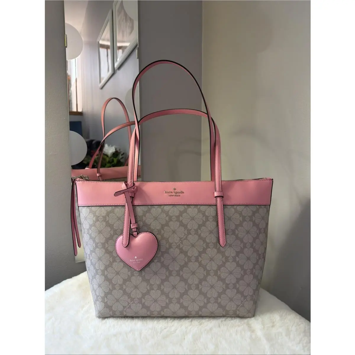 All Day Large Spade Flower Tote Heart Bag Charm Dark Beige Pink by Kate Spade