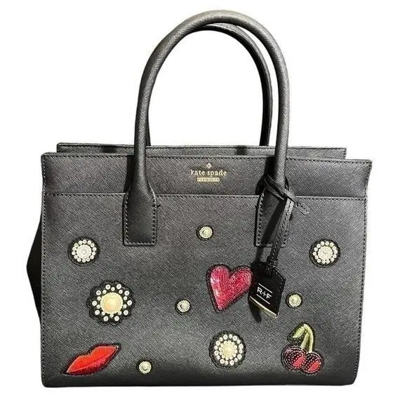 Kate Spade Satchel Bag Womens Medium Black Embellished Saffiano Leather R+f
