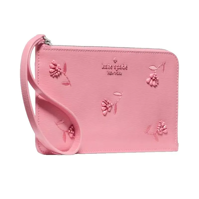 🆕kate Spade Lucy Floral Embroidered Leather Wristlet L-zip Pink