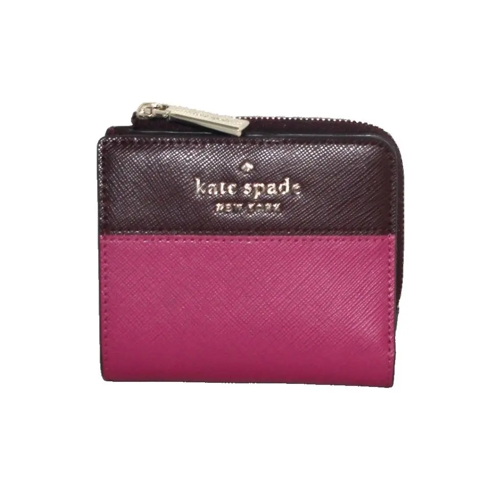 Kate Spade Staci Colorblock Small L-zip Bifold Wallet Pink Burgundy WLR00121