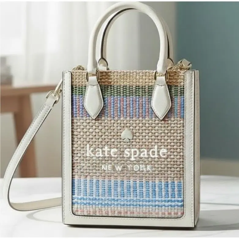Kate Spade New York Ellie Mini Canvas Multi Straw Tote Embroidered Logo