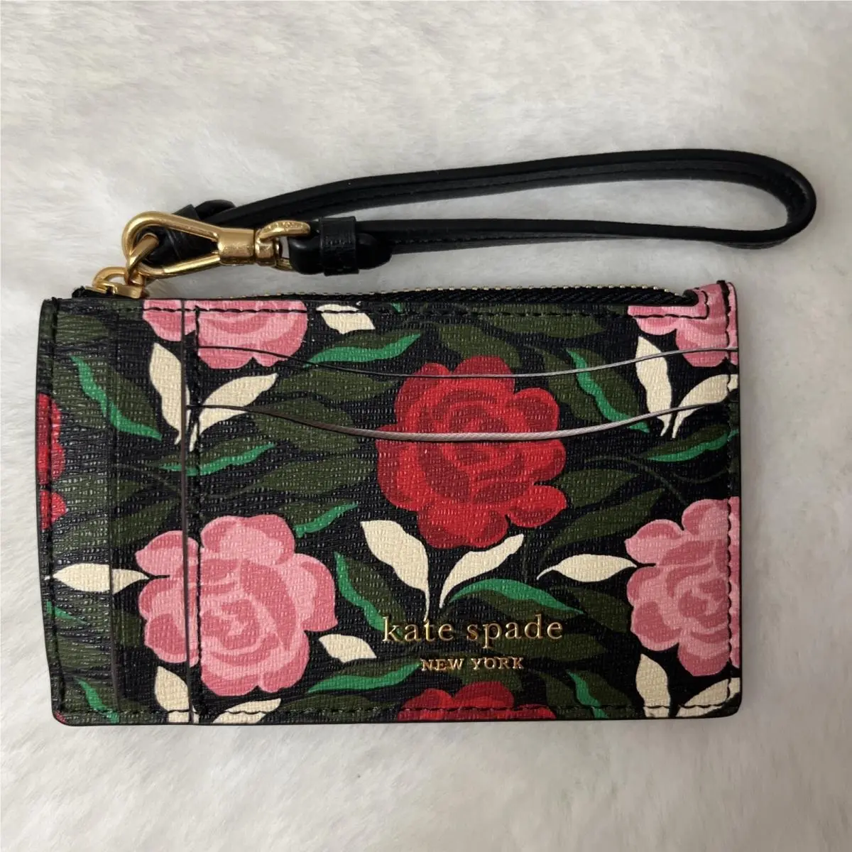 New Kate Spade Morgan Rose Garden Floral Wristlet + Keyring Black Multi