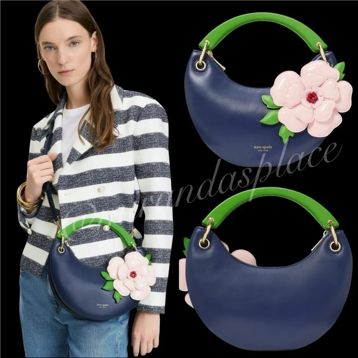 Kate Spade Expo Floral 3D Flower Applique Small Blue Leather Top Handle Bag