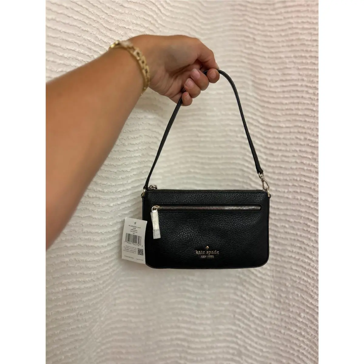 Kate Spade Leila Convertible Wristlet Black Pebbled Leather Gold Logo Purse