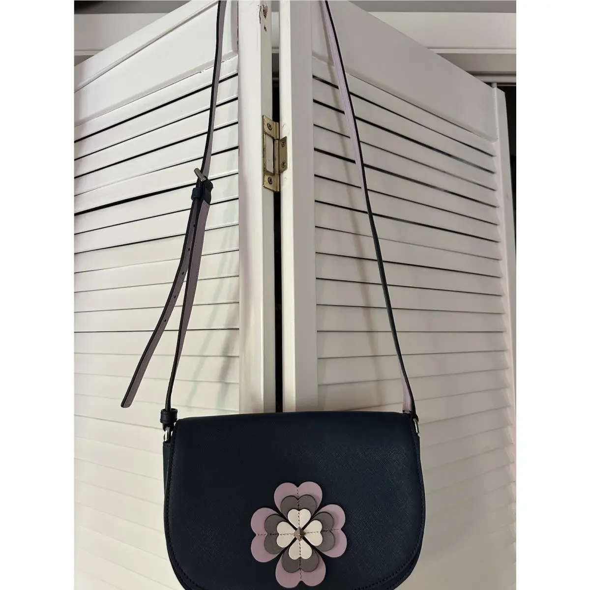 Kate Spade Reiley Flower Applique Flap Crossbody Navy Blue Saffiano Leather New