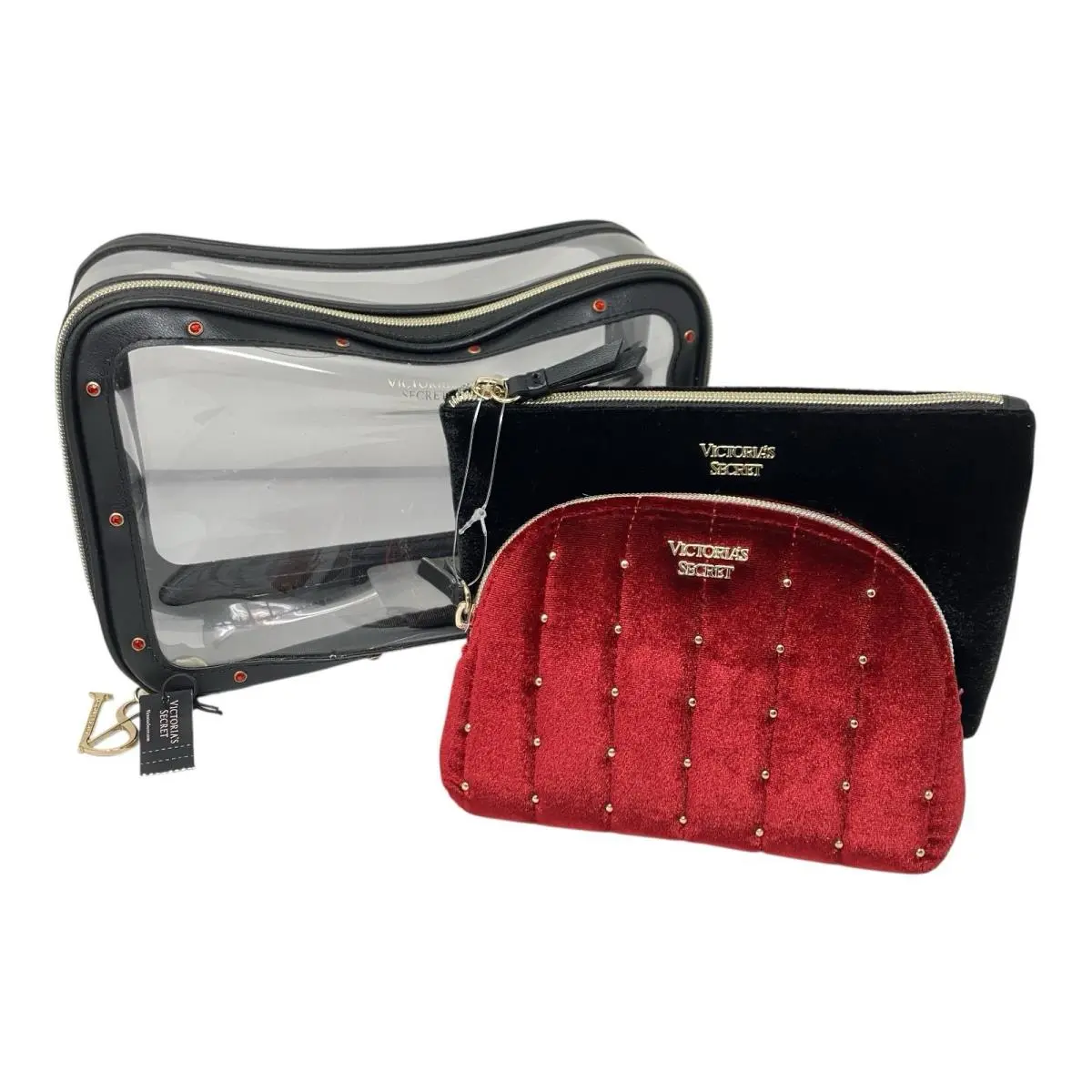 Victorias Secret Makeup Bag Set Velvet Cosmetic Pouches Clear Travel Case Glam