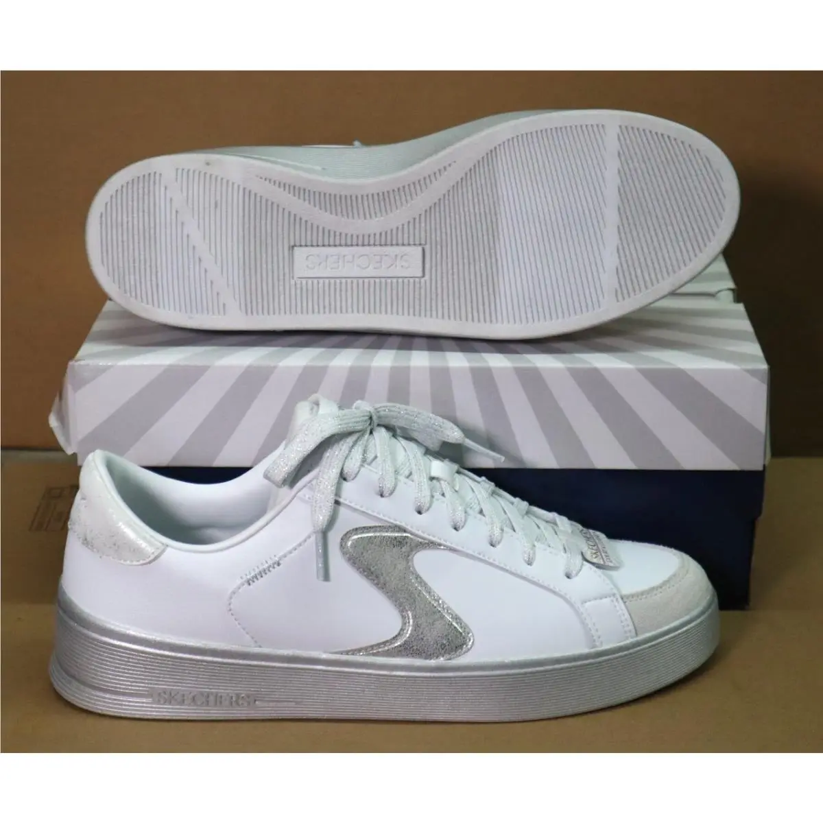Skechers Court Classics Hiland-quite Chicwhite/silver Us Women`s Size 11
