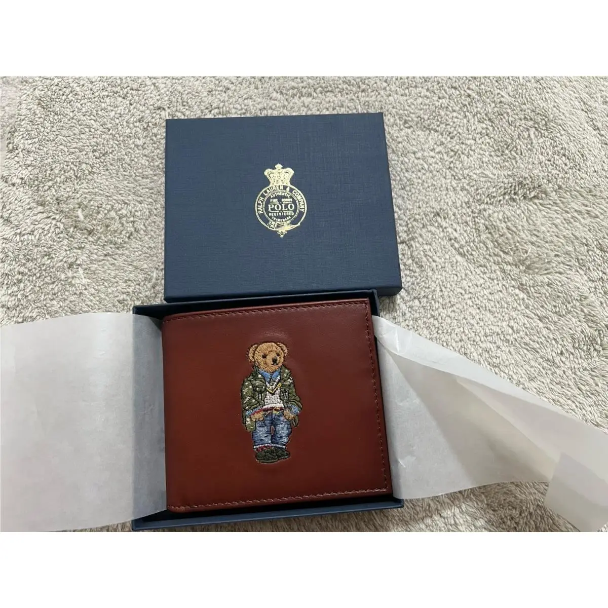 Polo Ralph Lauren Brown Polo Bear Leather Double Billfold Wallet Sz OS