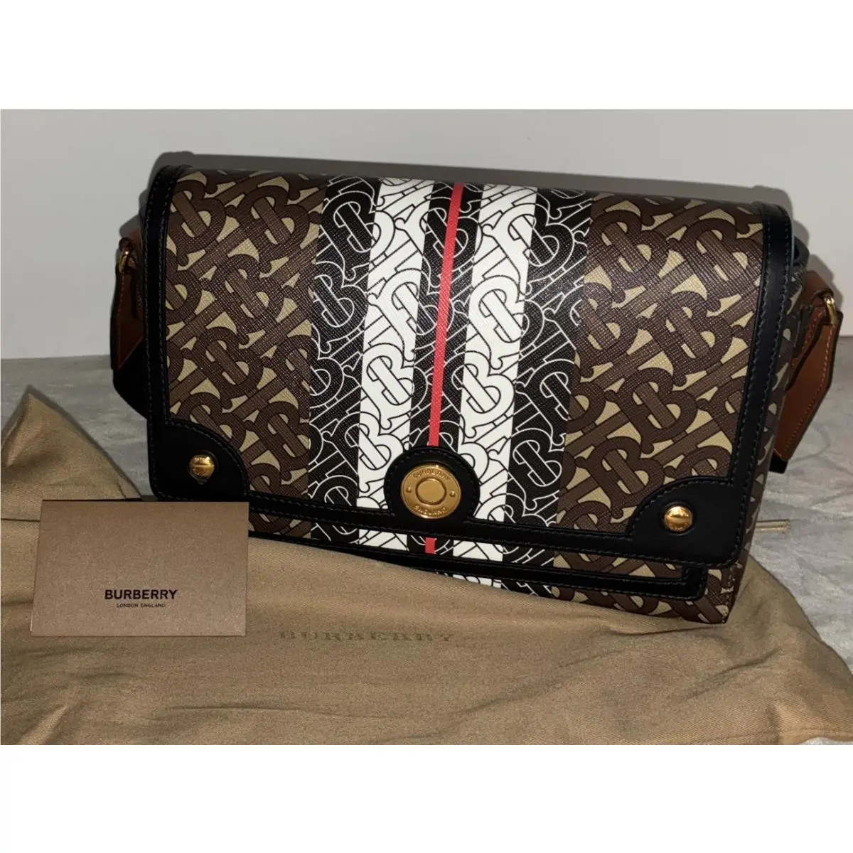 Burberry Note Bag Monogram Stripe Crossbody Bridle Brown Medium Italy