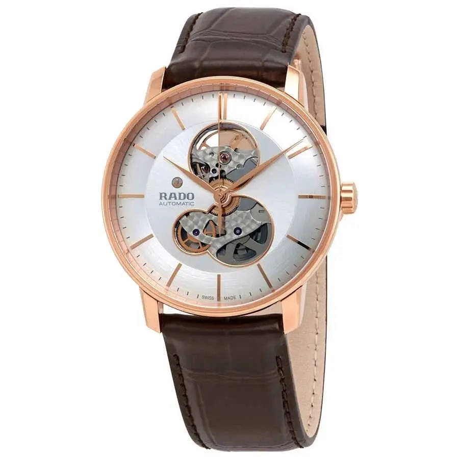 Rado Coupole Classic Open Heart Automatic Silver Dial Men`s Watch R22895025 - Dial: Silver (Open Heart), Band: Brown, Bezel: Rose Gold PVD