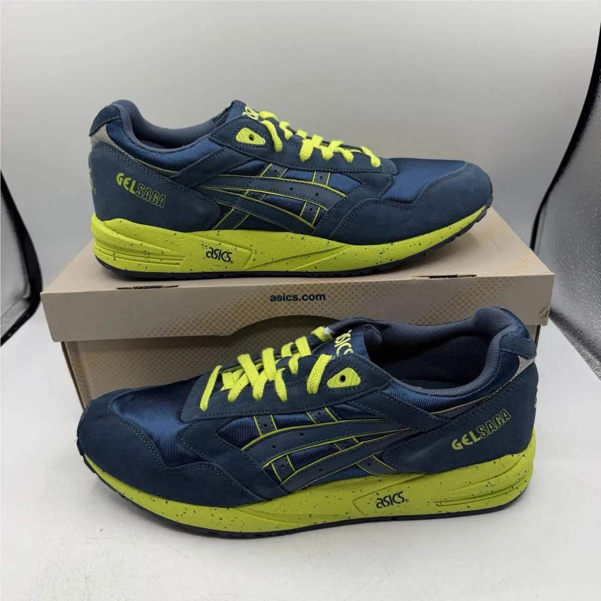 Asics Gel Saga Shoes Mens Sz 11.5 Navy Lime Green Athletic Sneakers H137K-5151