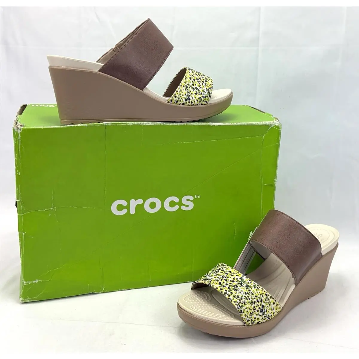 Crocs Dual Comfort Leigh II 2 Strap Graphic Wedge Sandals Bronze/gold Sz 10
