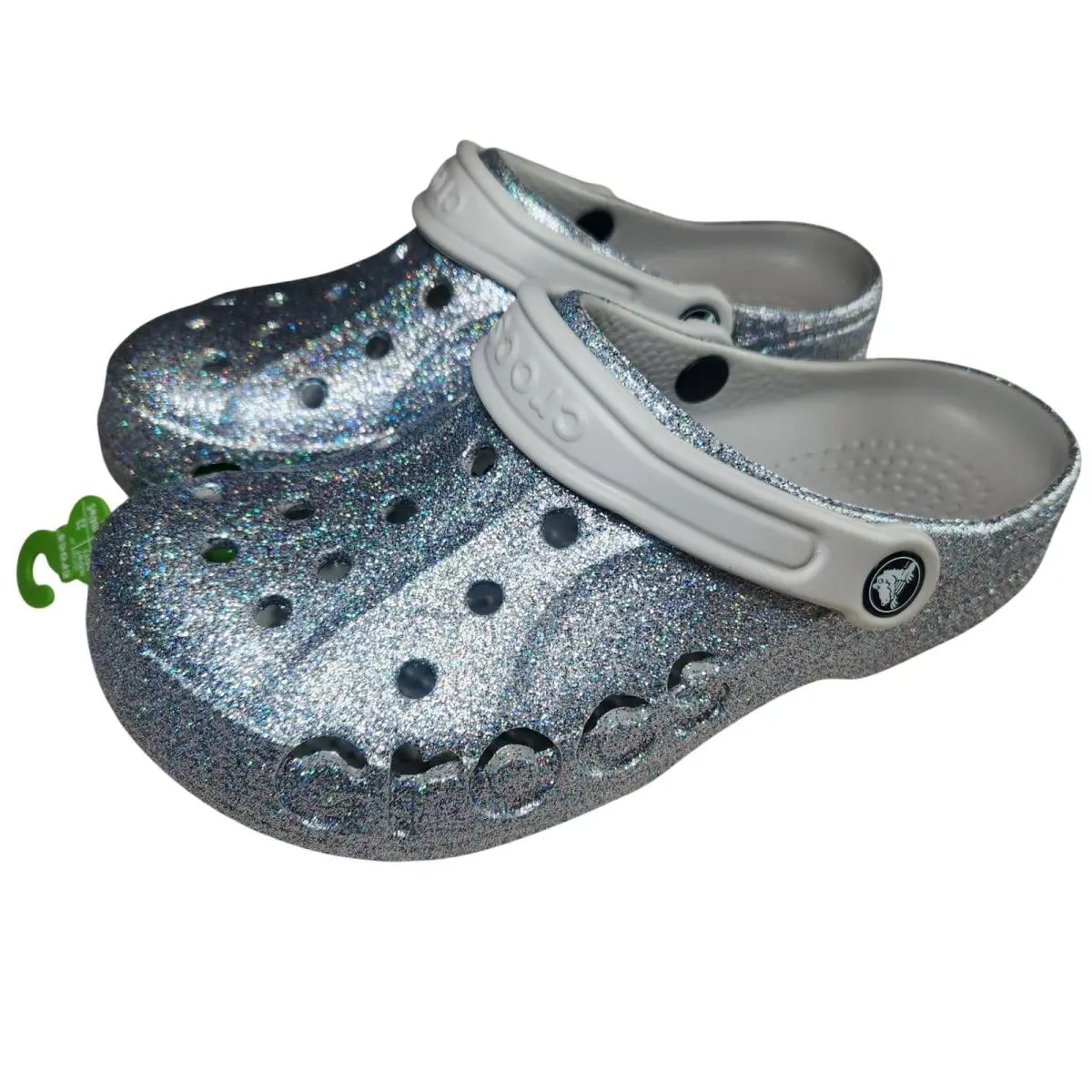 Crocs Baya Glitter Clog Women`s 7 Silver Glitter Holographic Sparkle Bling
