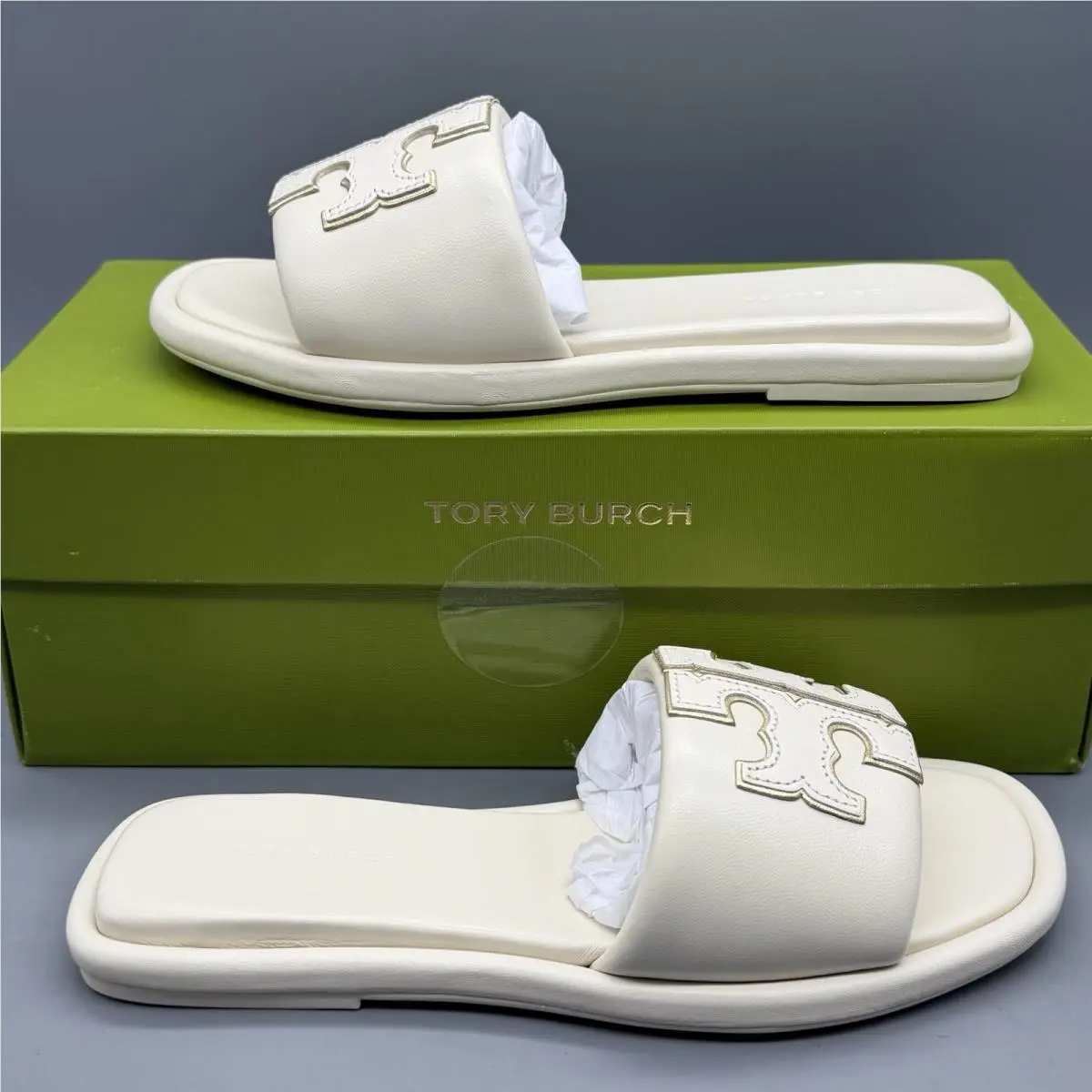 Tory Burch Double T Sport Slide Women’s 5 Nappa Leather Light Cream Gold Sandals