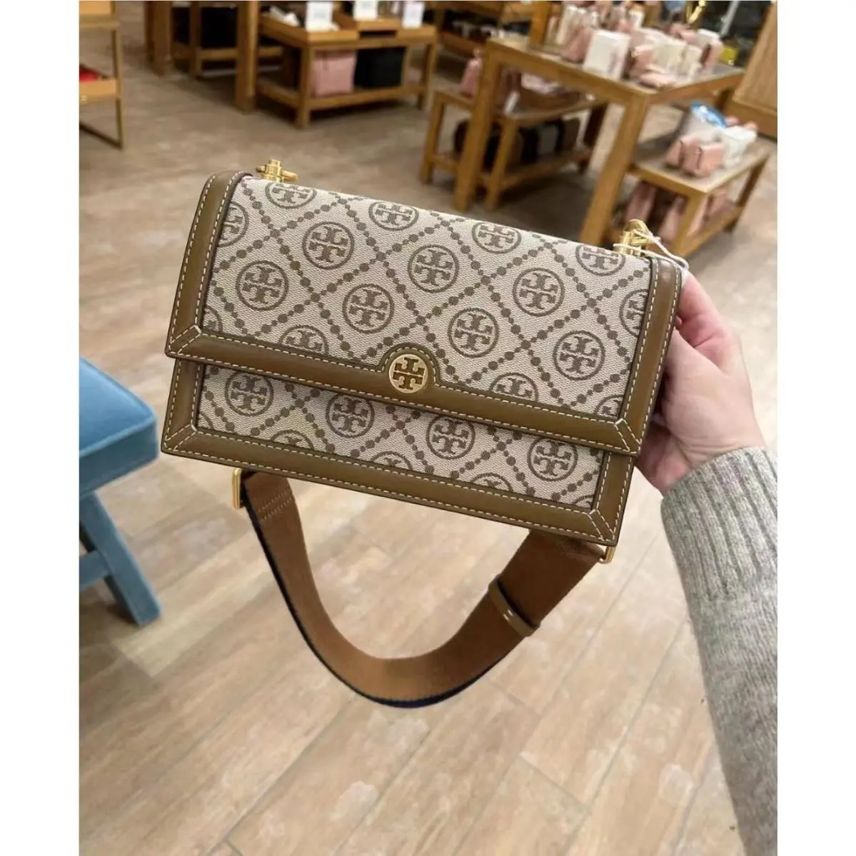 Tory Burch T Monogram Jacquard Hazelnut Mini Shoulder Crossbody Purse 81000