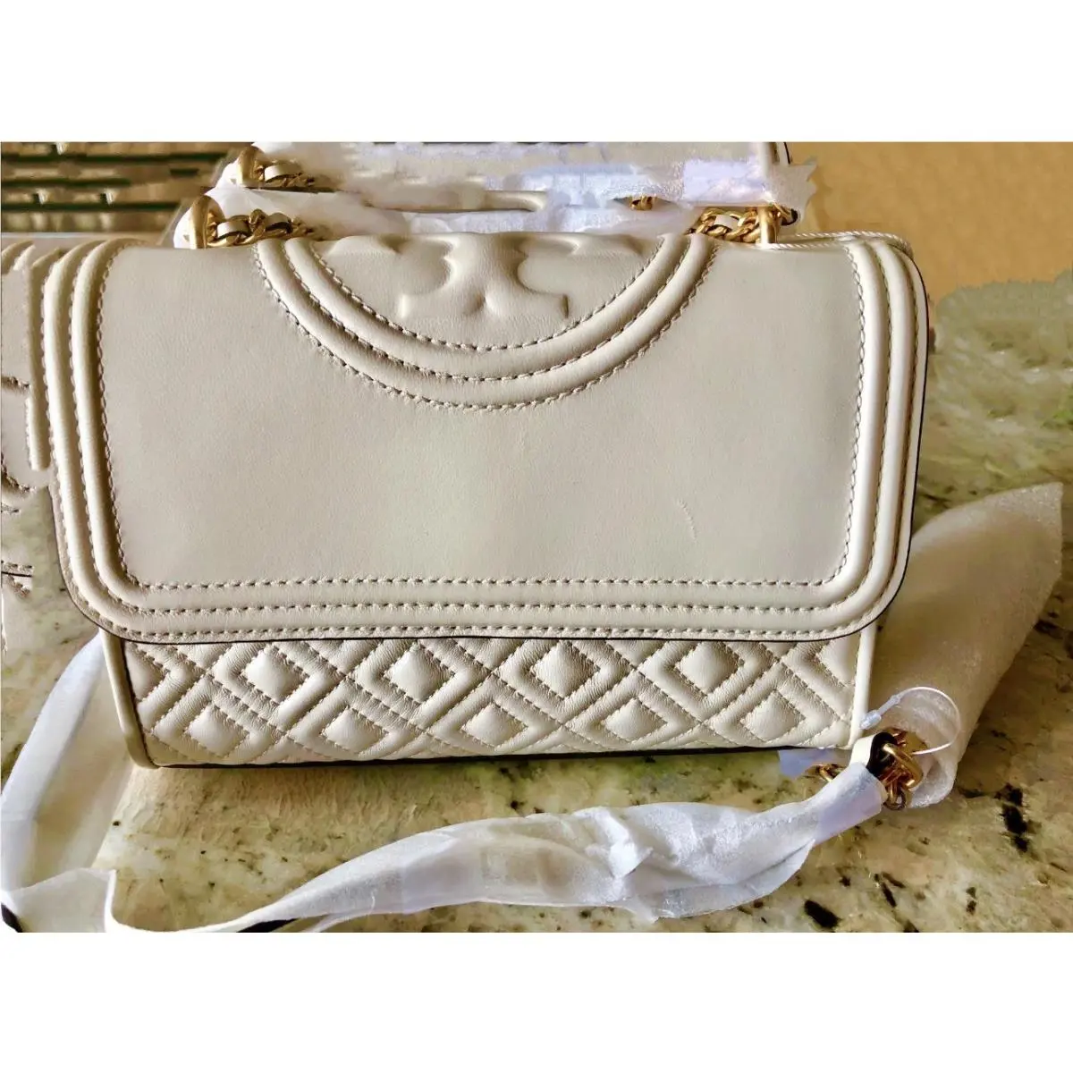 Tory Burch Fleming Convertible Shoulder Bag Cream Leather Quilted Crossbody
