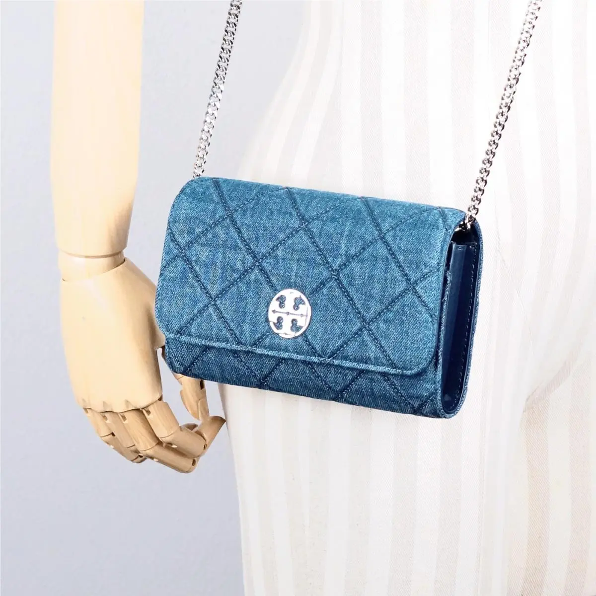 Tory Burch Willa Diamond Quilt Denim Chain Wallet Crossbody Shoulder Bag 163012