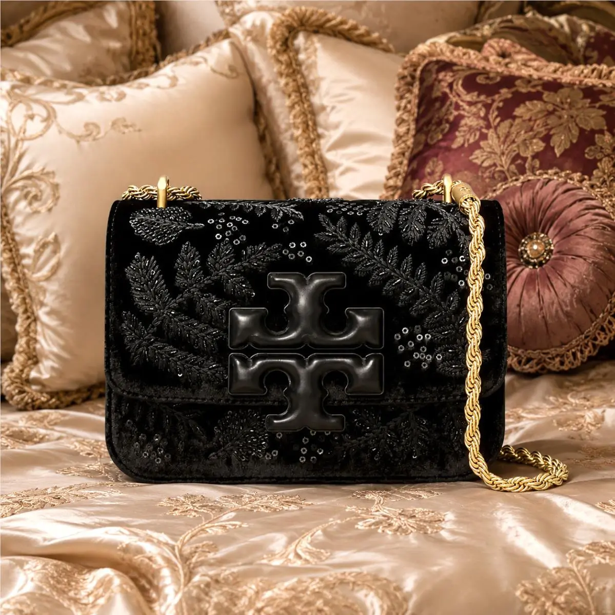 Tory Burch Eleanor Black Embroidered Velvet Small Convertible Shoulder Bag