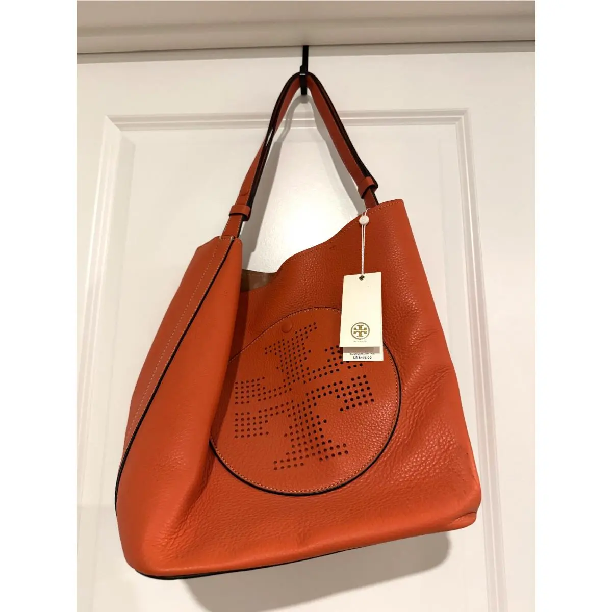 Tory Burch Perforated Logo Pebbled Leather Hobo Tote Bag Spiced Orange One Size