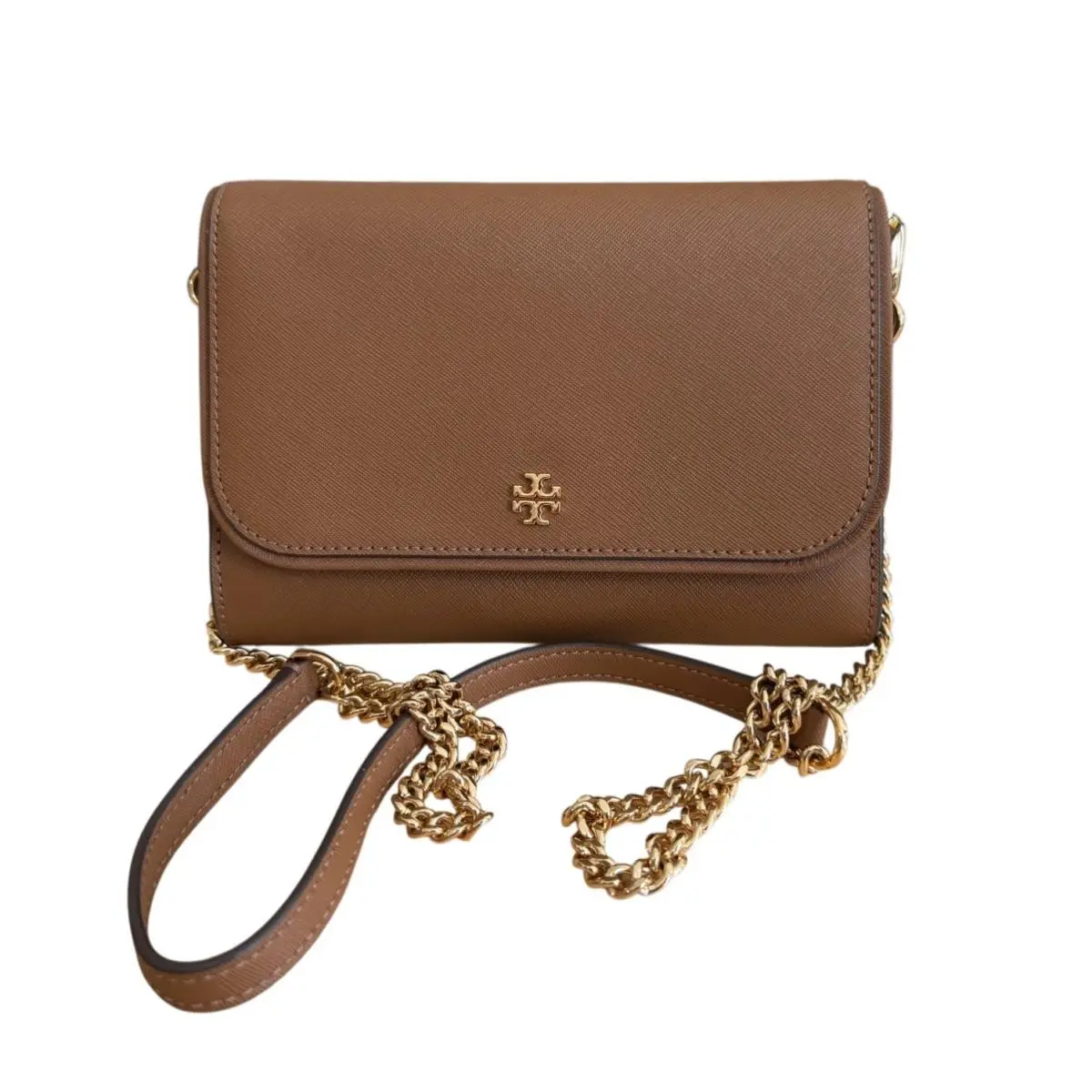 Tory Burch Emerson Saffiano Leather Chain Wallet Crossbody Bag - Handle/Strap: Moose/Gold Chain, Hardware: Gold, Exterior: Moose
