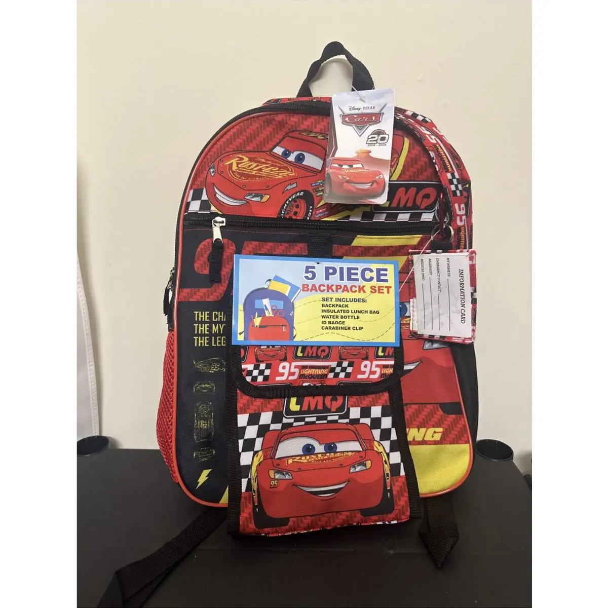 Disney Lightening Mcqueen Backpack 5 Piece Lunch Bag Water Bottle Badge Clip