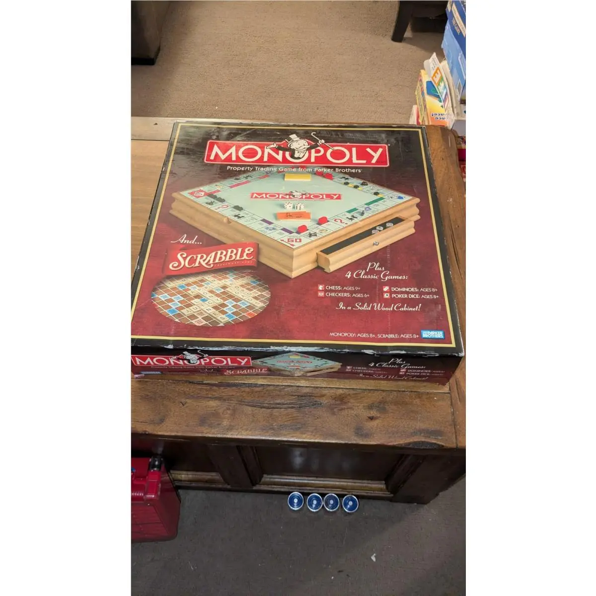 Monopoly Scrabble and 4 Classic Games Solid Wood Cabinet 2007 Parker Brothers