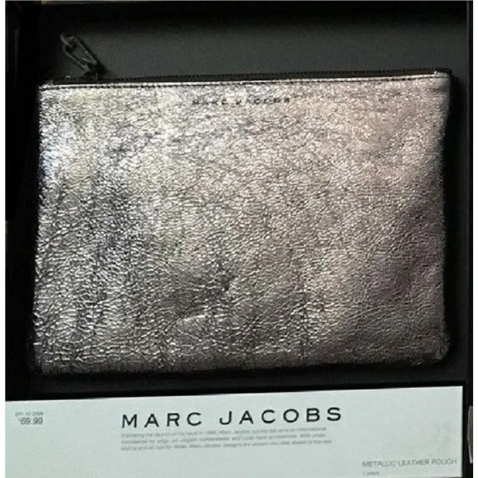 Marc Jacobs Women`s Gunmetal Metallic Zippered Leather Pouch in a Gift Box