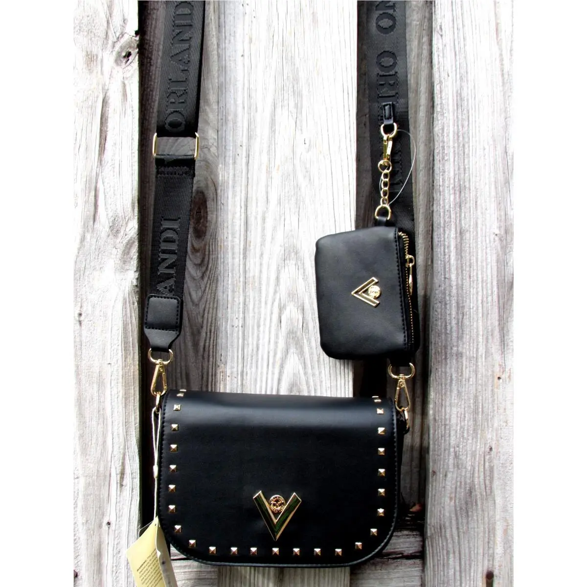 Valentino Orlandi Black Studded Double Zip Crossbody Purse