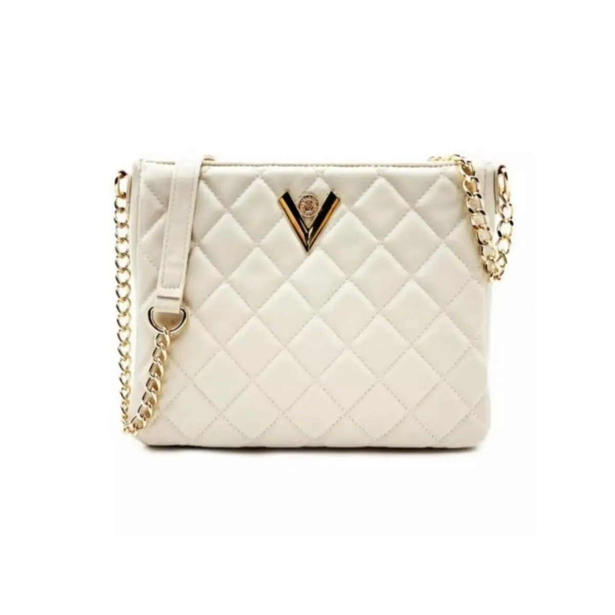 Valentino Orlandi Cream Quilted Crossbody Bag Gold V Logo Vegan Leather
