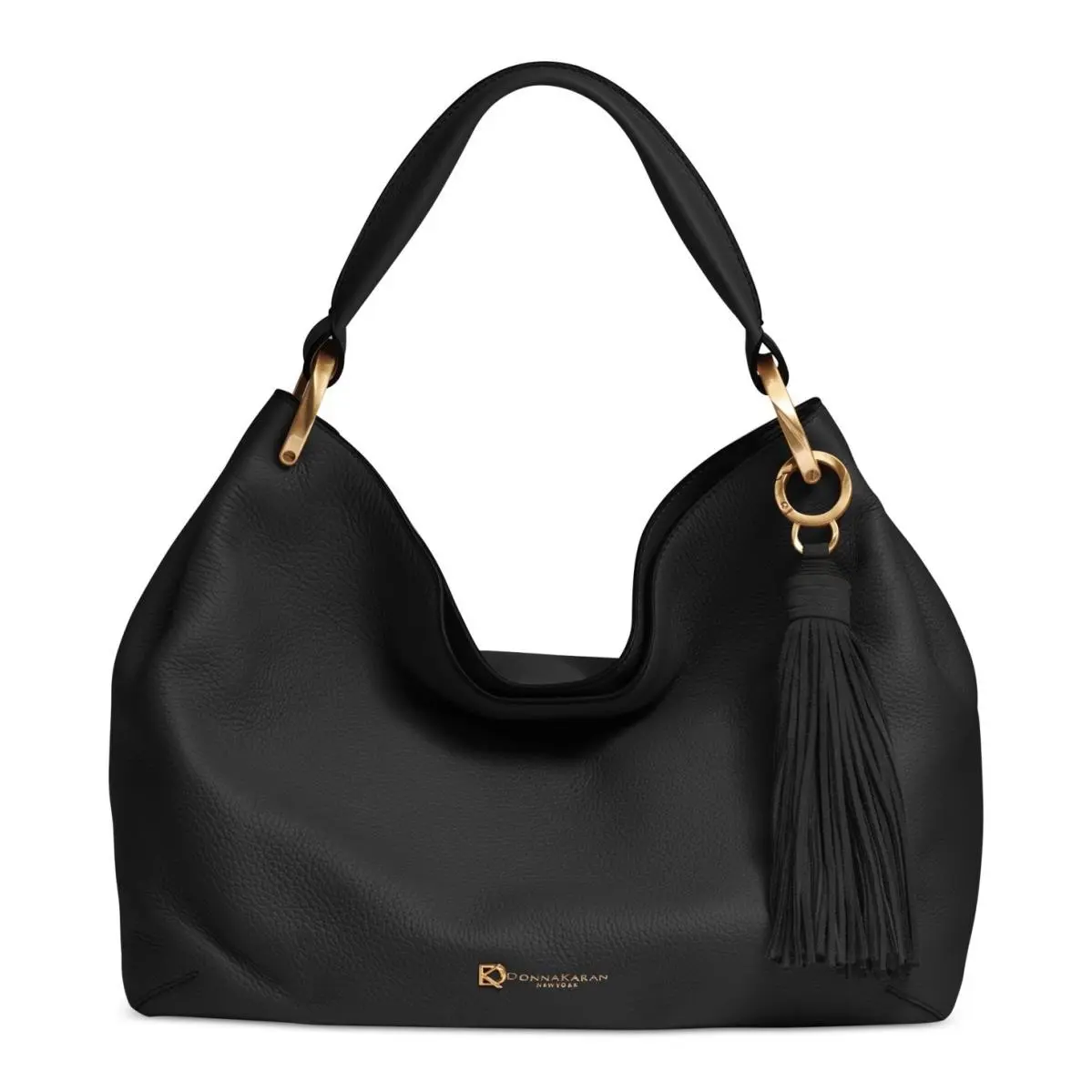Donna Karan N Y Glenwood Leather Shoulder Bag Tassel Detail Black Gold