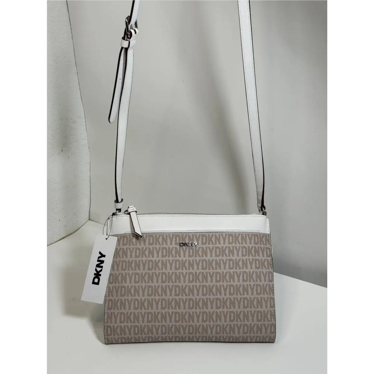 Dkny Bryant Park TZ Triple Compartment Crossbody Bag Beige/tan Monogram 1SZ