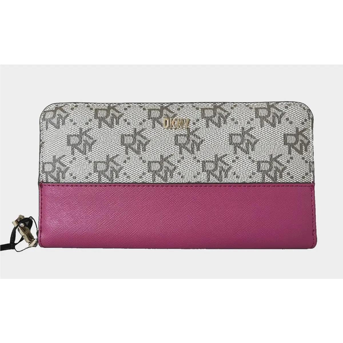 Dkny Boxed Bryant Large Zip Around Continental Wallet Khaki / Neon Pink