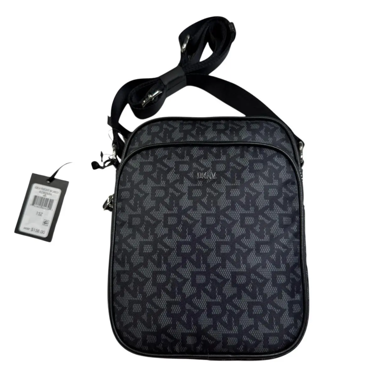 Dkny Gigi Flight Crossbody Bag Double Zip Black Nylon Monogram Purse 9x6.5x3