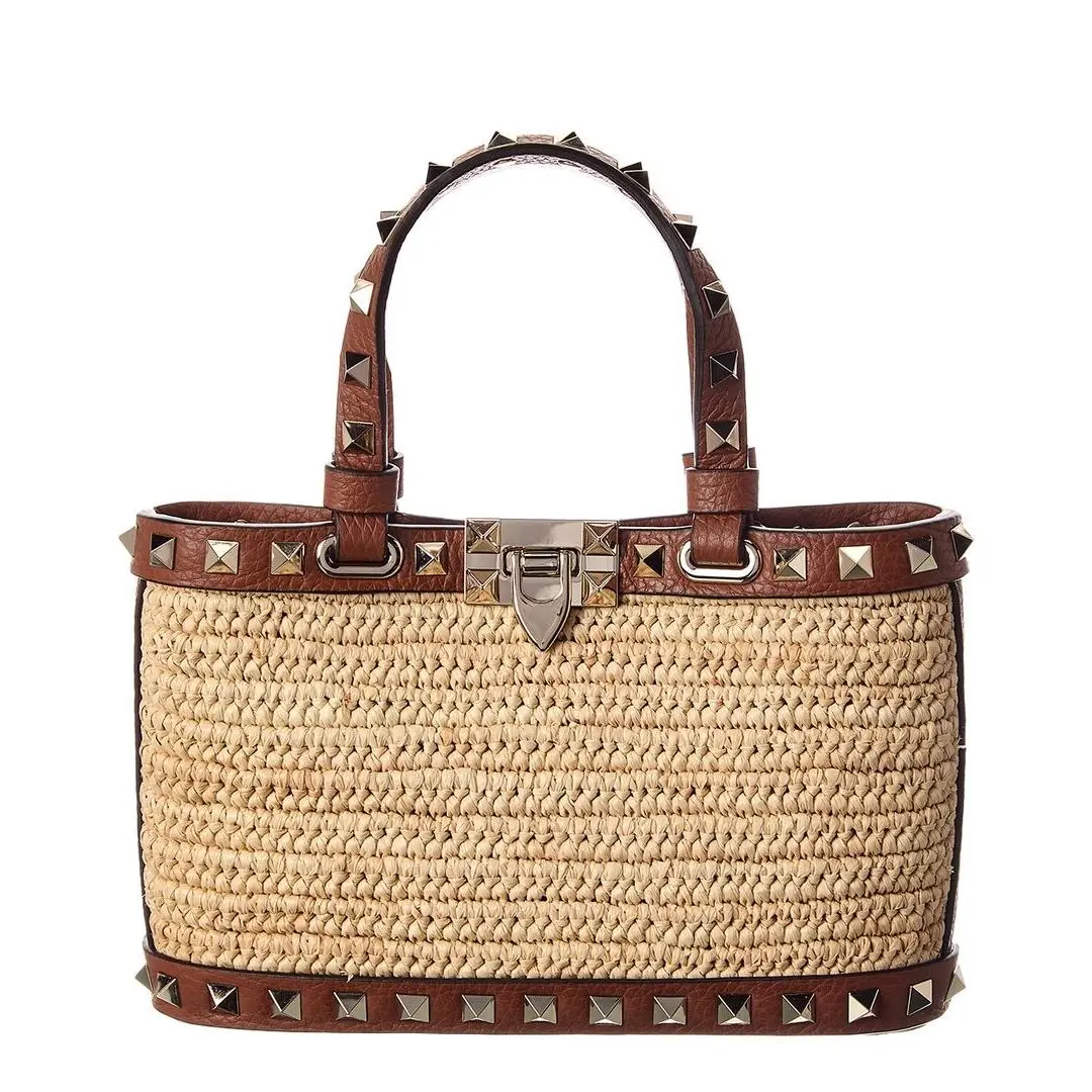 Rockstud Mini Straw Leather Tote Women`s Beige by Valentino
