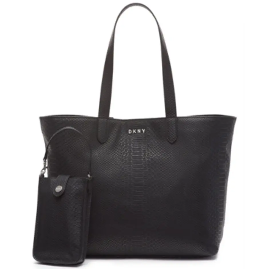 Dkny Ashlee Snake Embossed Tote with Removable Pouch Black Silver