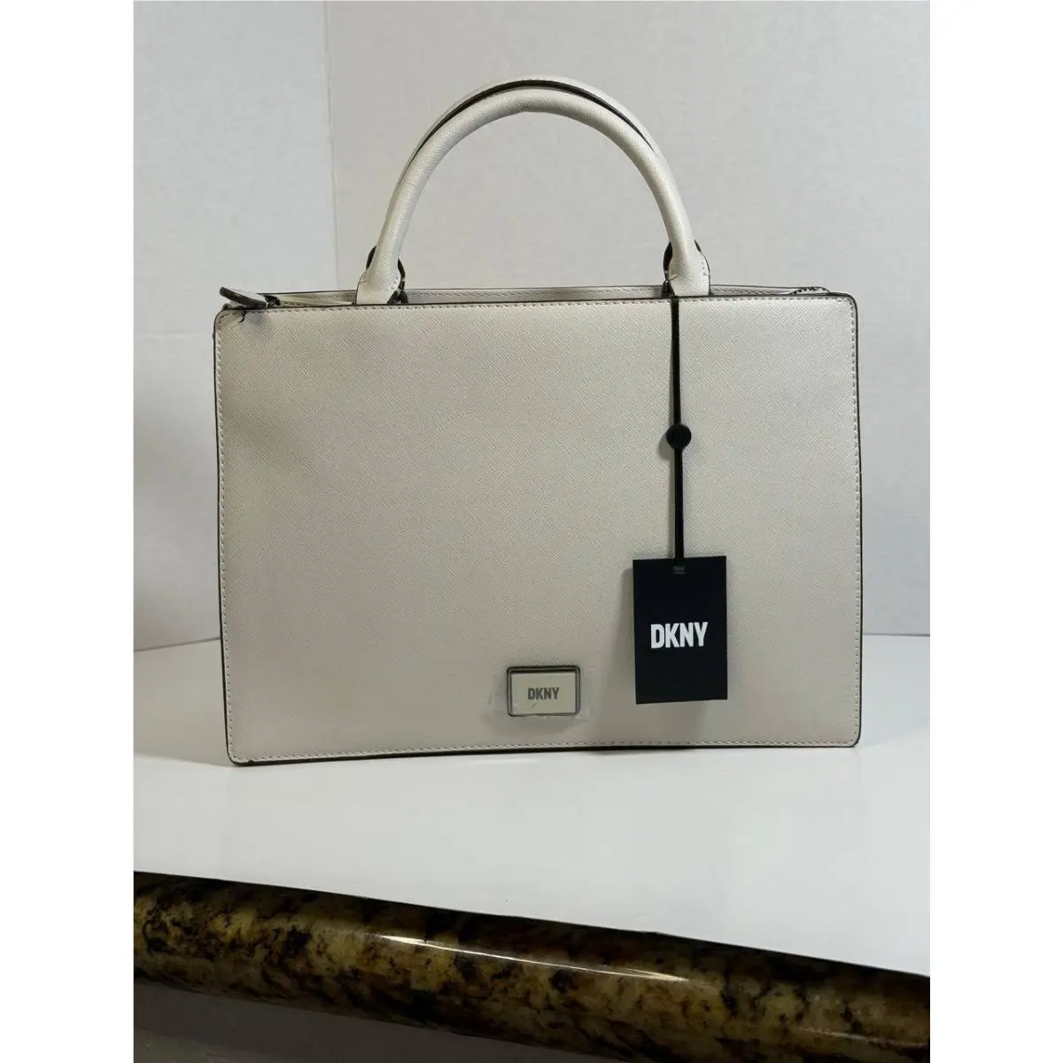 Dkny Astrid Satchel Medium Eggshell Saffiano Leather Top Handle Bag
