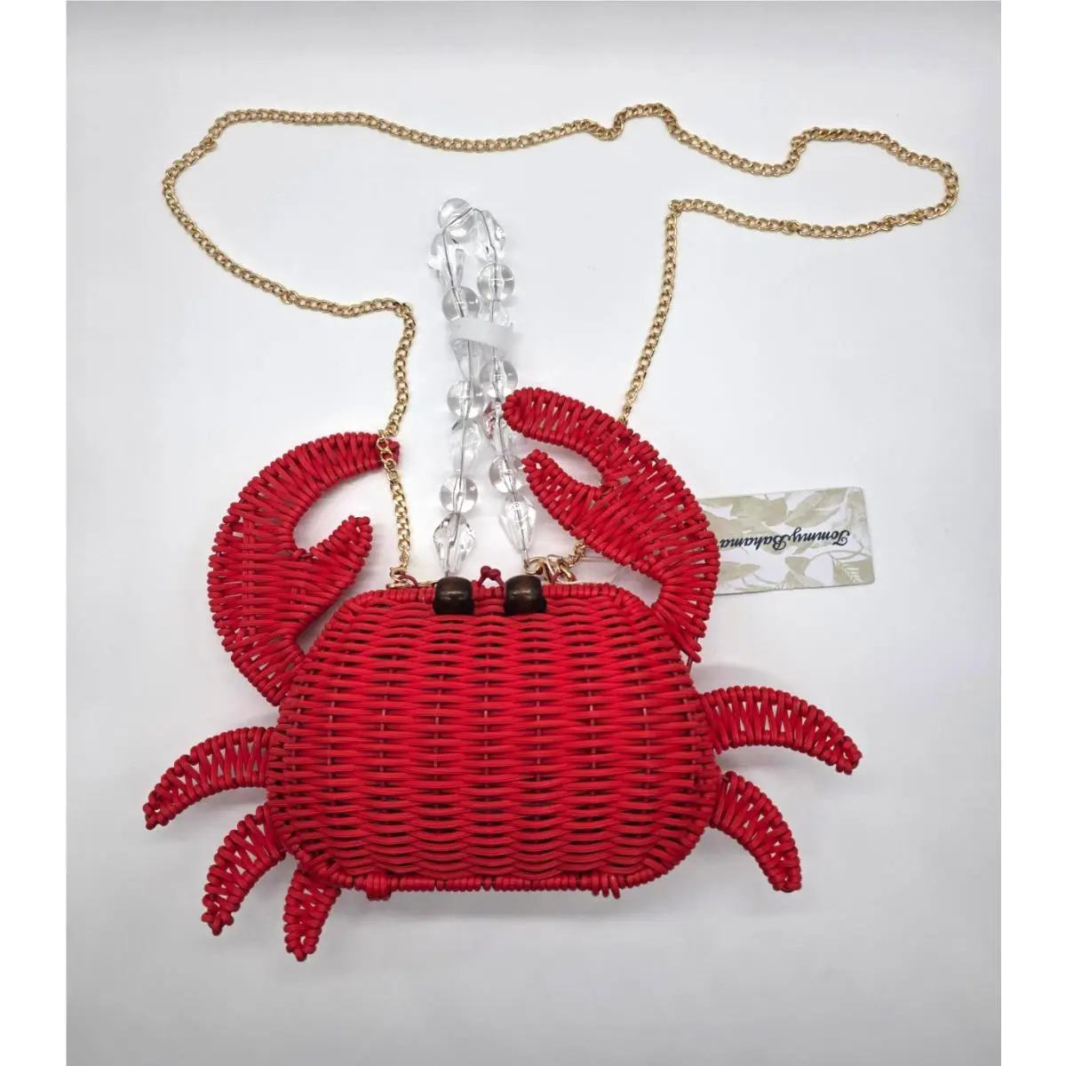Tommy Bahama Red Woven Crab Crossbody Bag Gold Chain Strap Snap Closure Lined