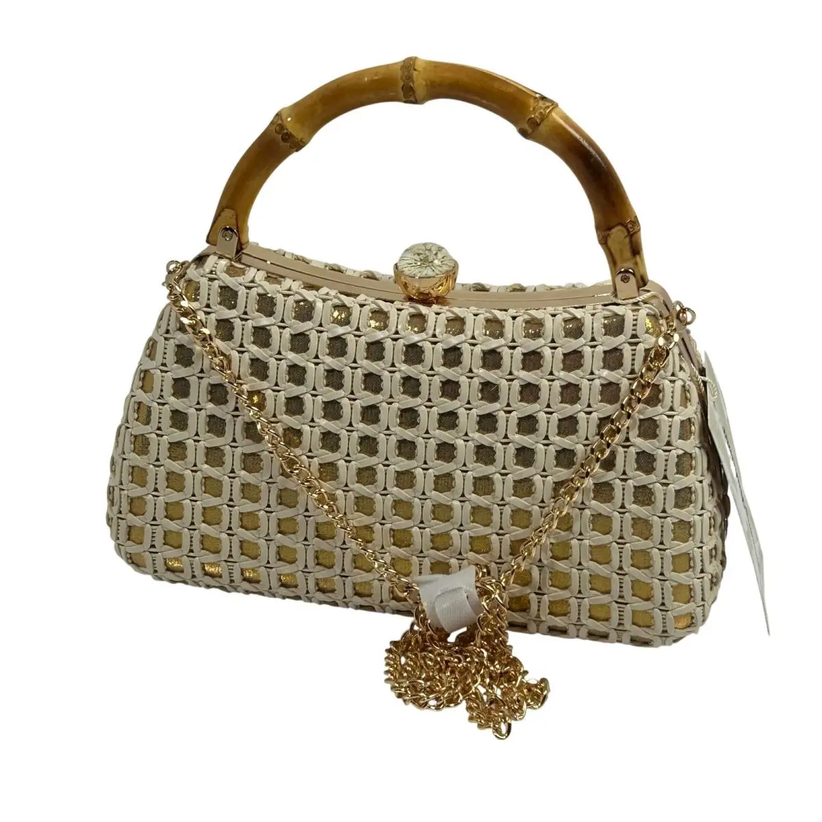 Tommy Bahama Woven Gold Cream Bamboo Handle Clutch Crossbody Bag