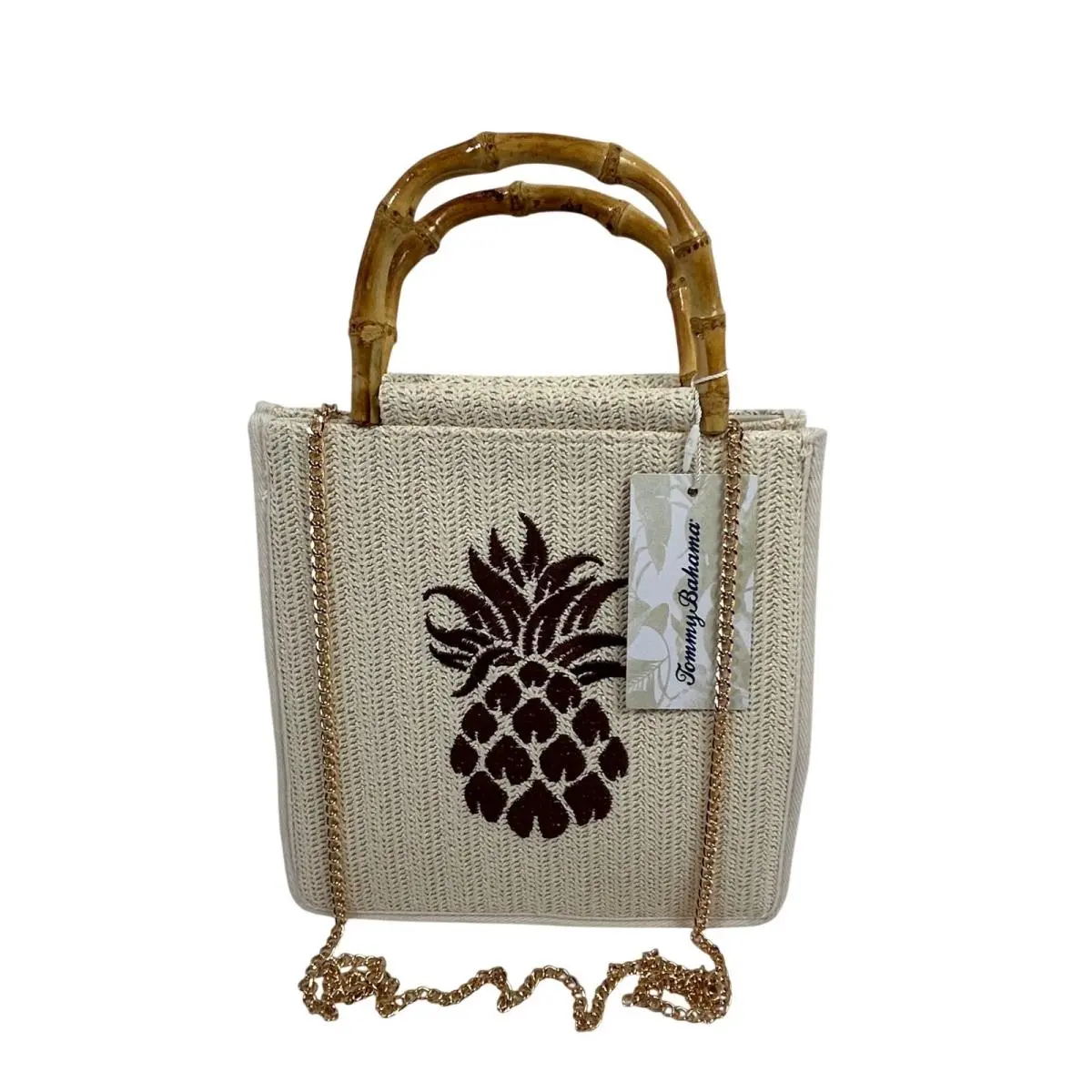 Tommy Bahama Pineapple Bamboo Handle Straw Raffia Tote Crossbody Bag Cream