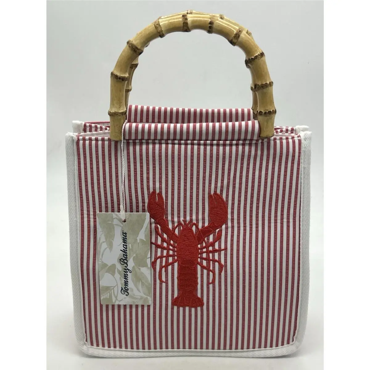 Tommy Bahama Lobster Tote Bag w/ Bamboo Handles Red White Stripe Crossbody