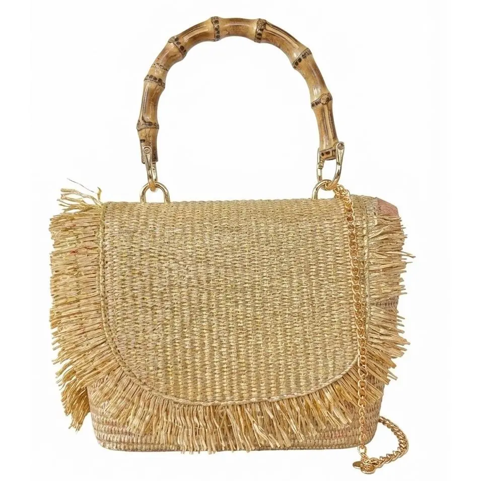 Tommy Bahama Woven Raffia Straw Handbag Gold Fringe Bamboo Handle Chain Strap