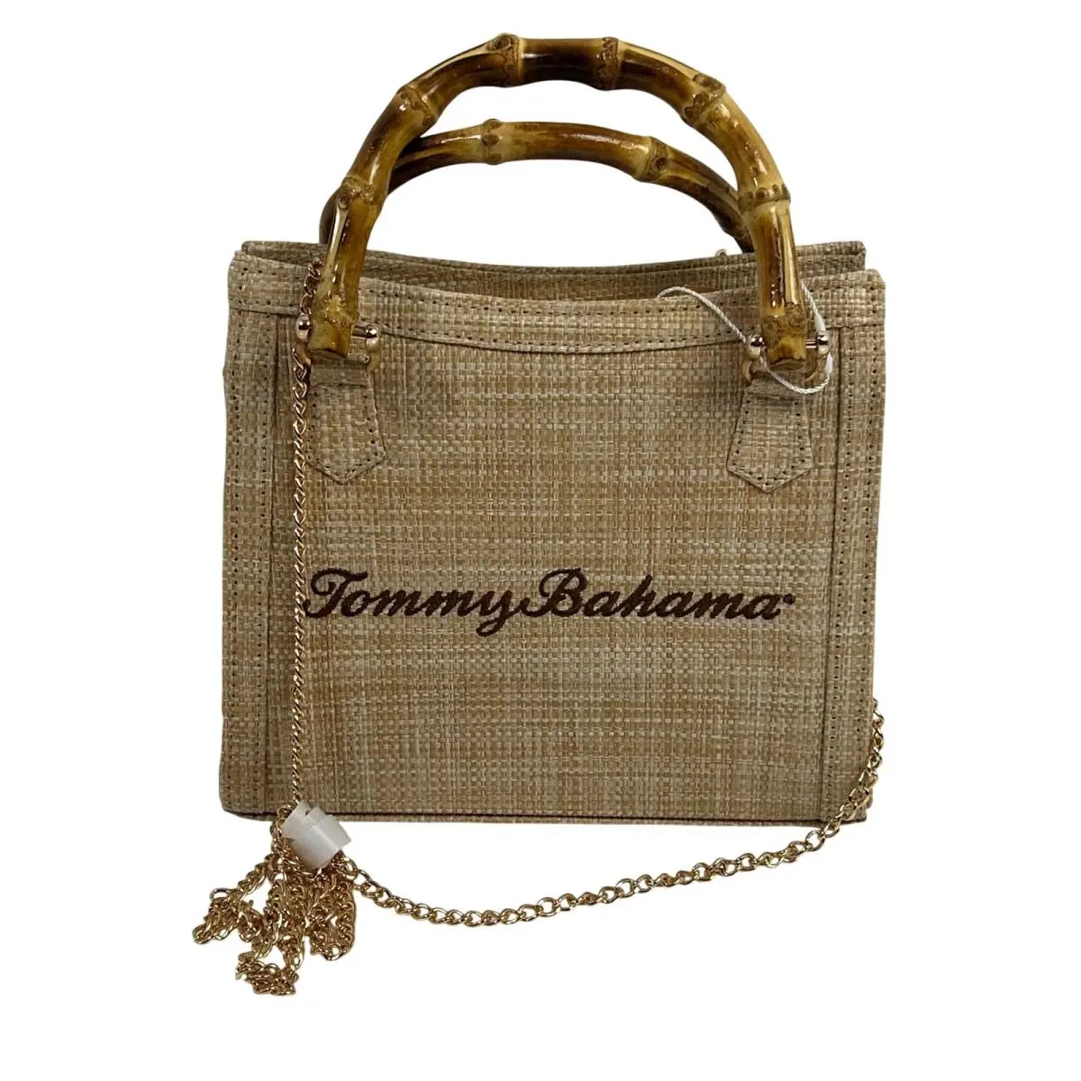 Tommy Bahama Straw Crossbody Bag Bamboo Handle Tan Woven Gold Chain Handbag