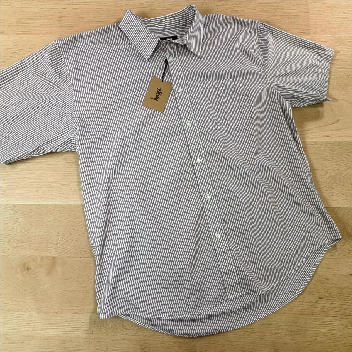 Stussy Boxy SS Shirt 8 Ball Burgundy Stripe Short Sleeve Button Down XL