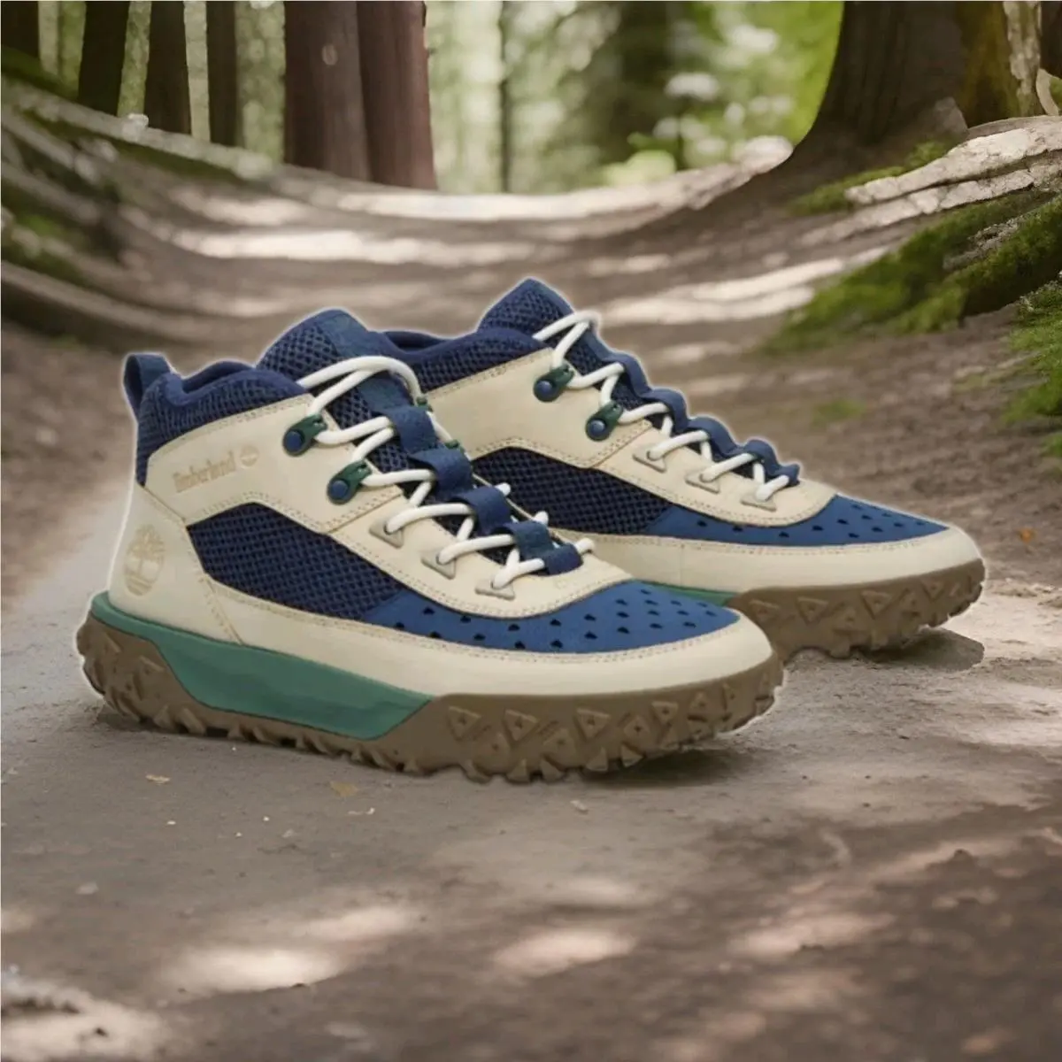 Timberland Men`s Greenstride Motion 6 Mid Lace Trail Shoe Navy Lt Beige Sz 11.0