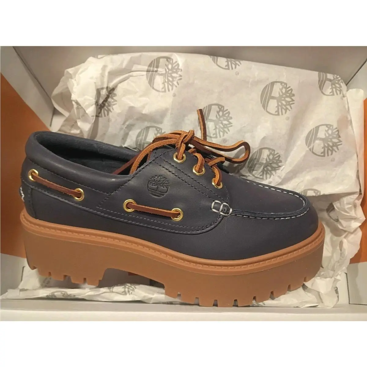 Womens Timberland Stone Street Platform Boat Shoe Dk Blue Premium Leather Sz 8.0
