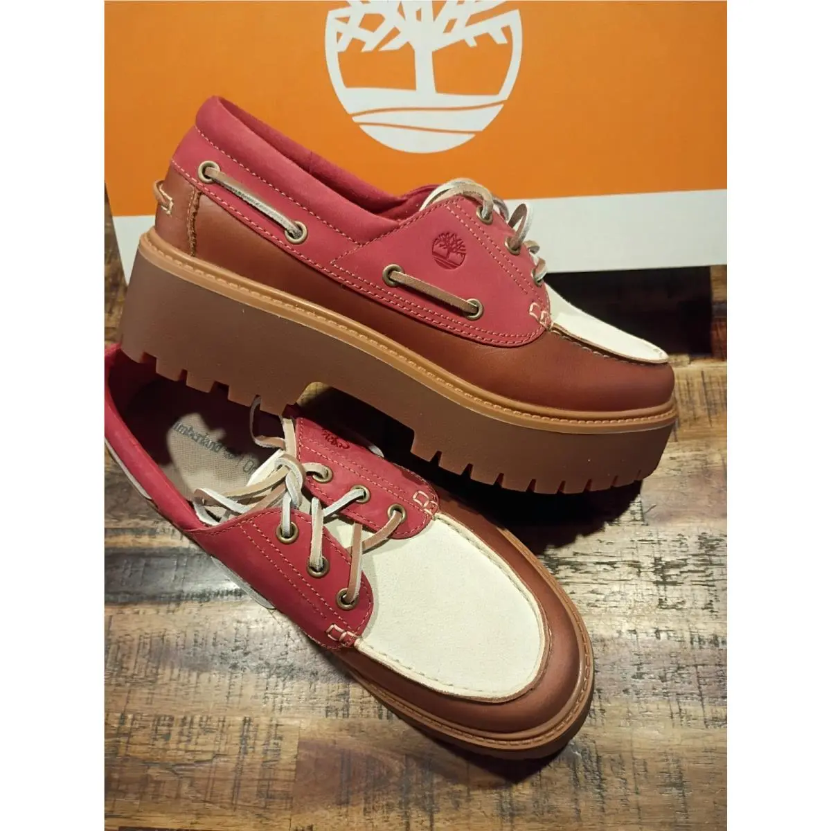Womens Timberland Stone Street Platform Boat Shoe Rust - Red Prem Leather Sz 9.5