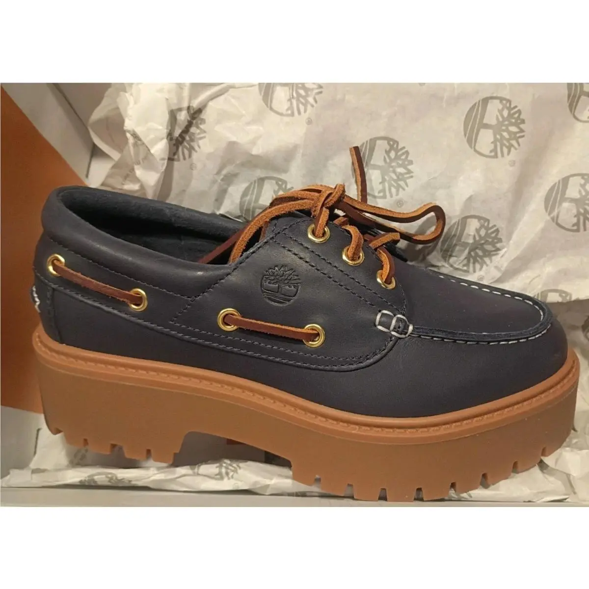 Womens Timberland Stone Street Platform Boat Shoe Dk Blue Premium Leather Sz 7.0