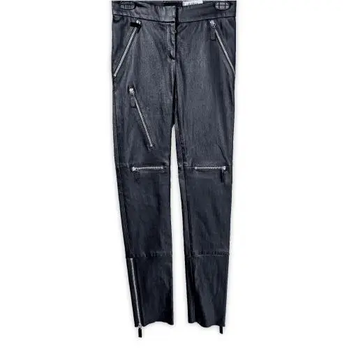 Black Lambskin Leather Zip Moto Biker Pants FR 36 US XS SS20 Italy by Longchamp